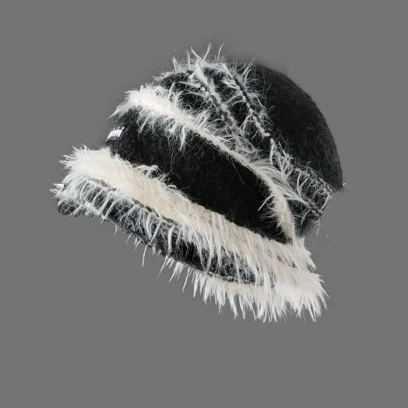 Korean Style Autumn And Winter Plush Knitted Mixed Color Stripe Warm - Black