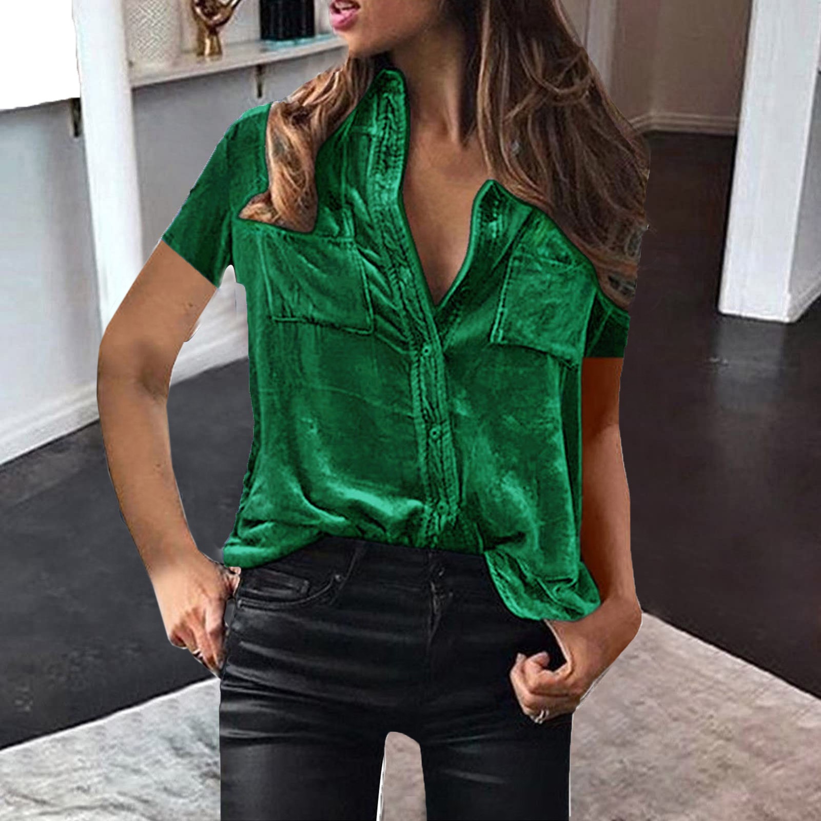 European And American Spring And Summer Pocket Shirt Top Solid Color Elegant Long Sleeve Shirt For Women