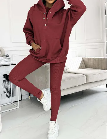 Women's Solid Color Vest Hoodie And Pants Set Wine Red 2 Piece Set - Shop at LoveMi