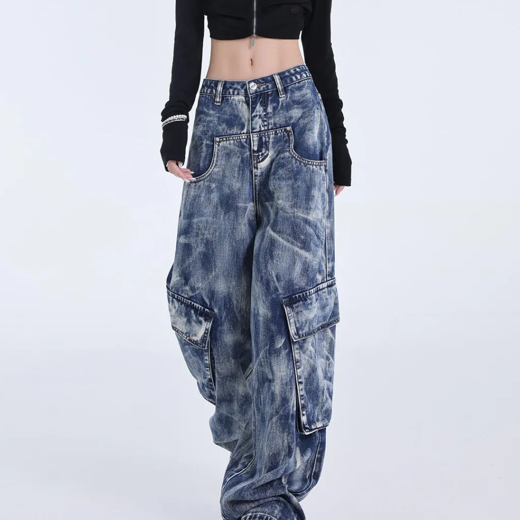 Retro Heavy Industry Washed Tie-dyed Jeans Straight Wide Leg Overalls - Blue