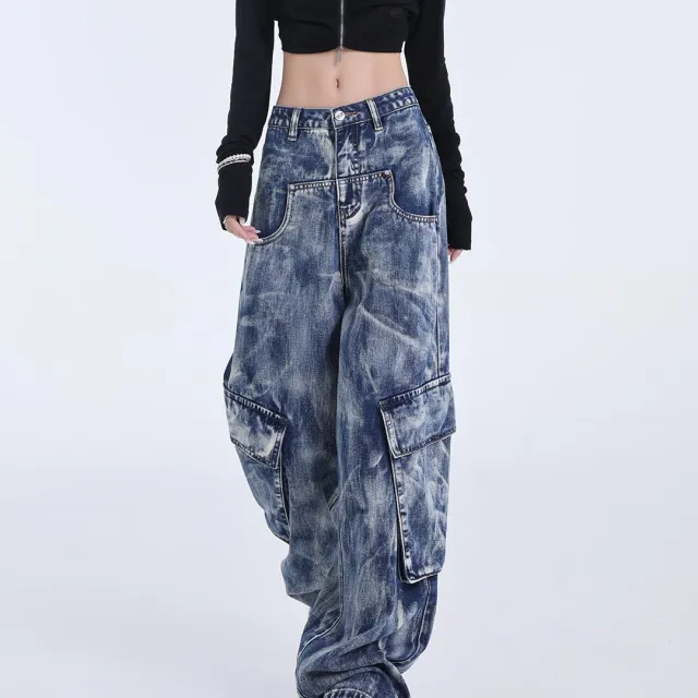 Retro Heavy Industry Washed Tie dyed Jeans Straight Wide Leg Overalls Blue - Shop at LoveMi