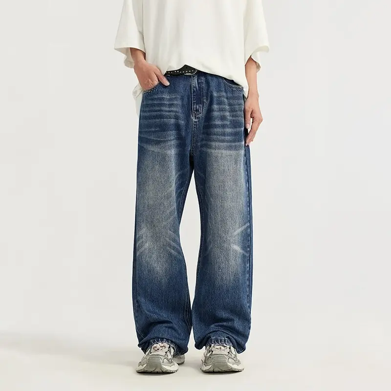 Simple All-matching Straight Men's Clothing Retro Tattered Jeans Wide Leg Jeans