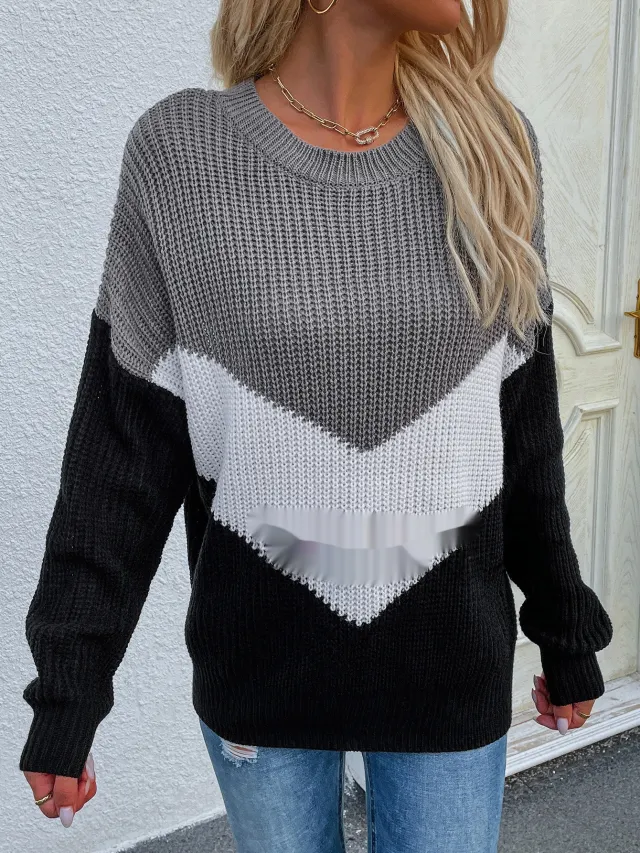 Fashion Commuter Loose Patchwork Knitting Sweater Dark Gray - Shop at LoveMi