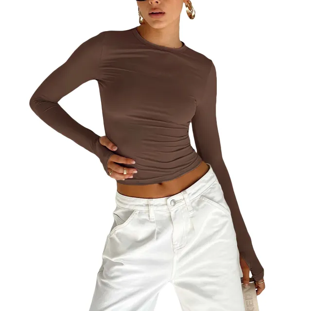 New Women's Solid Color Base Round Neck Long Sleeve Top Women Brown - Shop at LoveMi