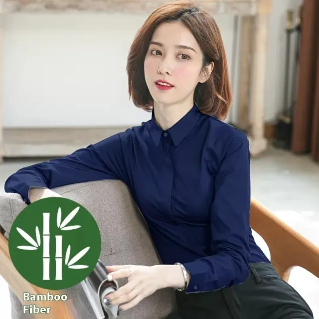 Bamboo Fiber White Shirt Women's Long Sleeve New Square Collar Royal Blue251 - Shop at LoveMi