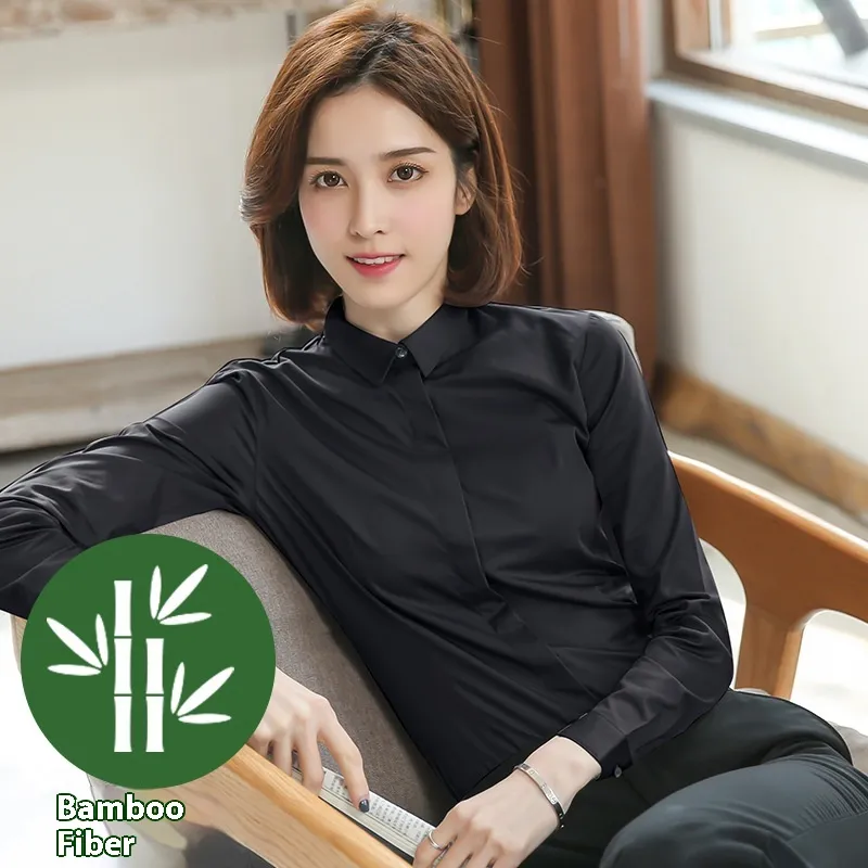 Bamboo Fiber White Shirt Women's Long Sleeve New - Square Collar Black251