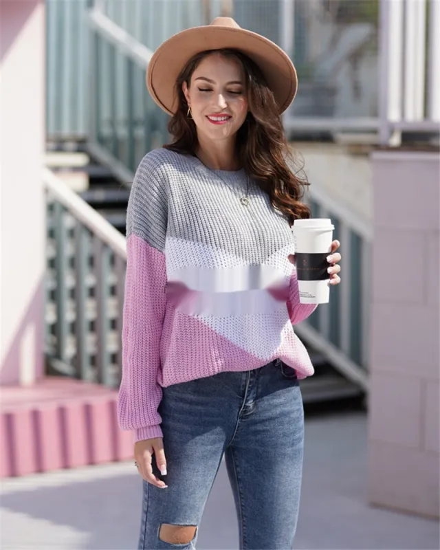 Fashion Commuter Loose Patchwork Knitting Sweater Pink - Shop at LoveMi