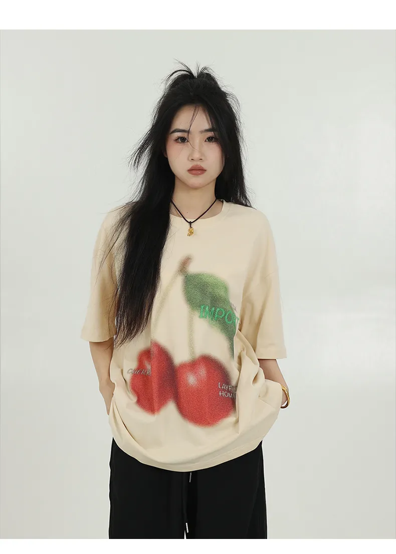Women's Simple Cherry Print Short-sleeved T-shirt - Apricot