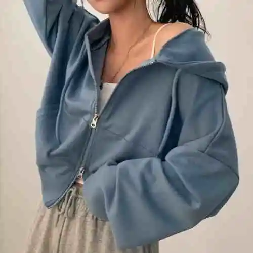 Chic Niche Zipper Hooded Long Sleeve Sweater Coat Blue - Shop at LoveMi
