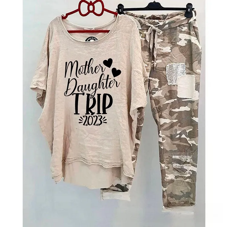 Casual Suit Women's Cotton And Linen Heat Transfer Patch Top Camouflage Printing Sweatpants - Mother And Daughter Tour-Xl