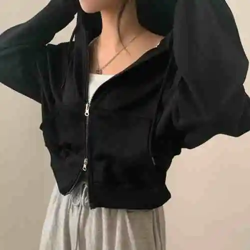 Chic Niche Zipper Hooded Long Sleeve Sweater Coat - Black - View 1