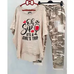 Casual Suit Women's Cotton And Linen Heat Transfer Patch Top Camouflage Printing Sweatpants - Wine - View 1