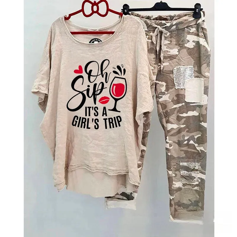 Casual Suit Women's Cotton And Linen Heat Transfer Patch Top Camouflage Printing Sweatpants - Wine
