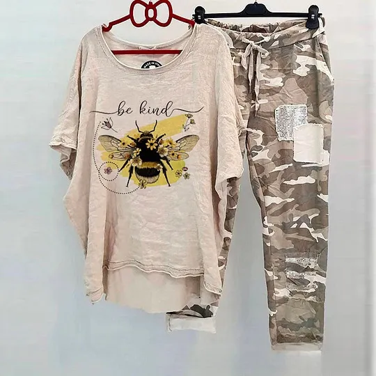 Casual Suit Women's Cotton And Linen Heat Transfer Patch Top Camouflage Printing Sweatpants - Bee-Xl