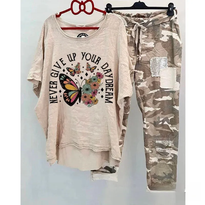 Casual Suit Women's Cotton And Linen Heat Transfer Patch Top Camouflage Printing Sweatpants - Butterfly-L