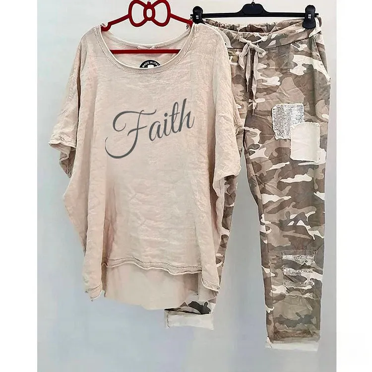Casual Suit Women's Cotton And Linen Heat Transfer Patch Top Camouflage Printing Sweatpants - Belief Horizontal Plate-3Xl