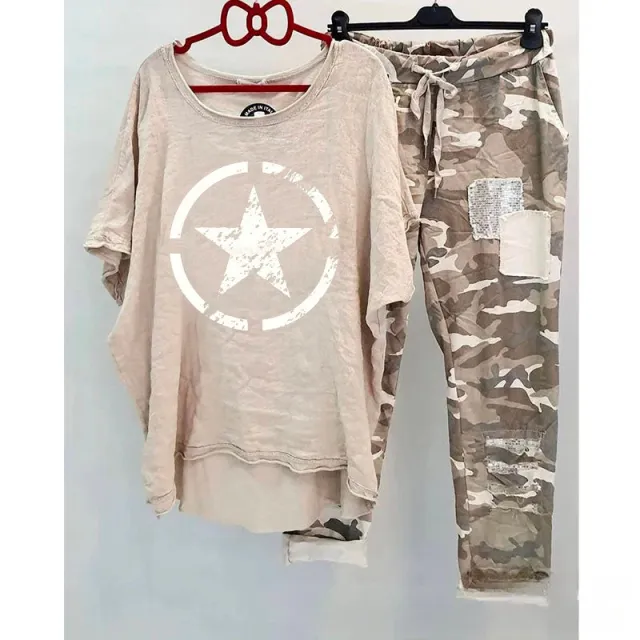 Casual Suit Women's Cotton And Linen Heat Transfer Patch Top Camouflage Printing Sweatpants Five Stars 2Xl - Shop at LoveMi