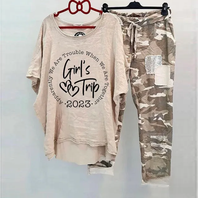 Casual Suit Women's Cotton And Linen Heat Transfer Patch Top Camouflage Printing Sweatpants Girl Travel Xl - Shop at LoveMi