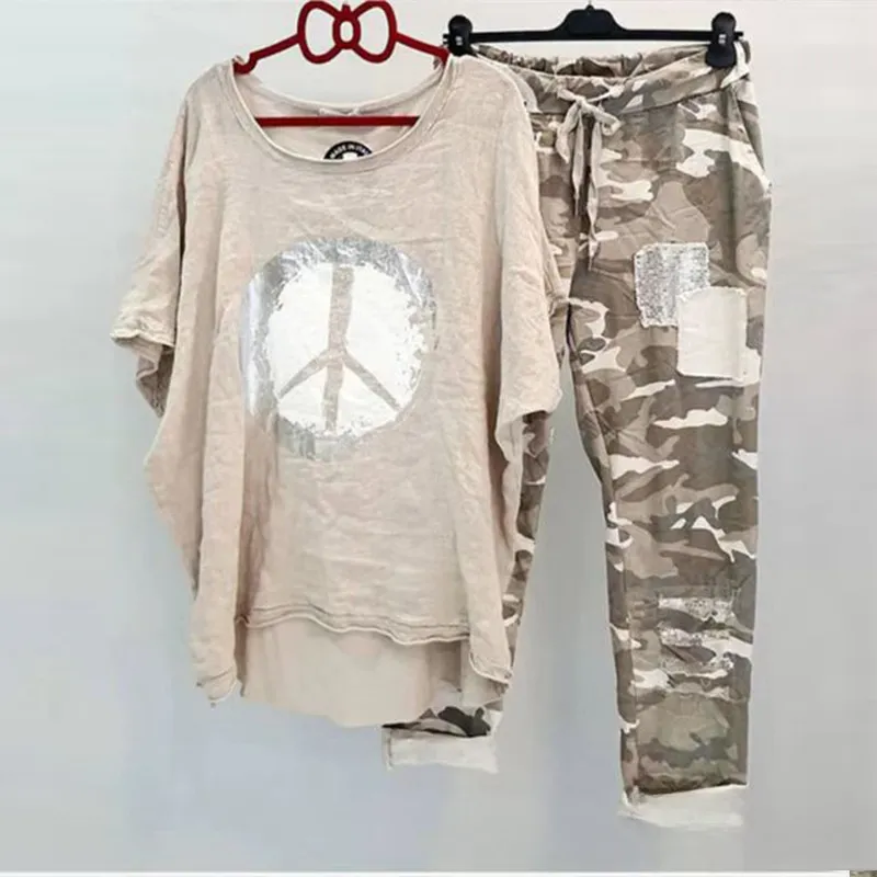 Casual Suit Women's Cotton And Linen Heat Transfer Patch Top Camouflage Printing Sweatpants - Apricot