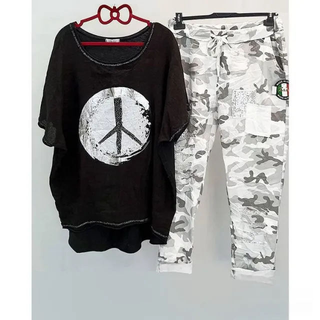 Casual Suit Women's Cotton And Linen Heat Transfer Patch Top Camouflage Printing Sweatpants Black - Shop at LoveMi