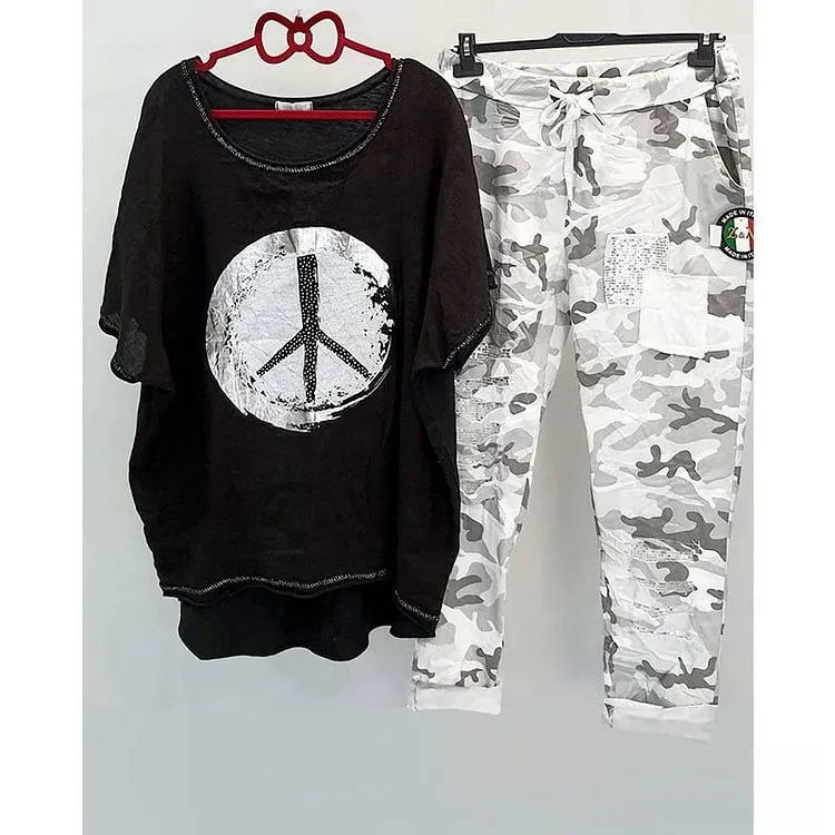 Casual Suit Women's Cotton And Linen Heat Transfer Patch Top Camouflage Printing Sweatpants - Black