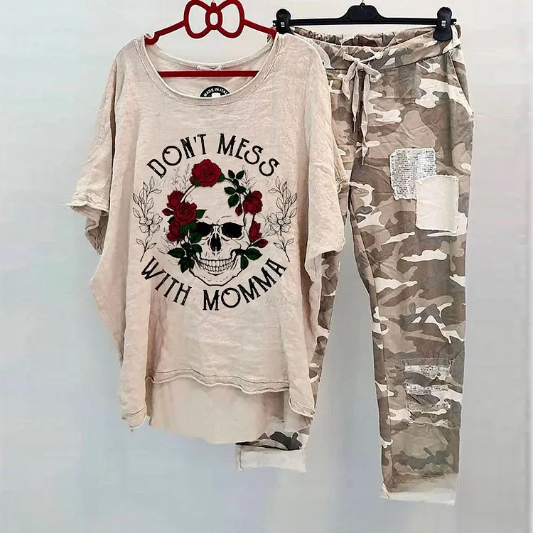 Casual Suit Women's Cotton And Linen Heat Transfer Patch Top Camouflage Printing Sweatpants - Skull