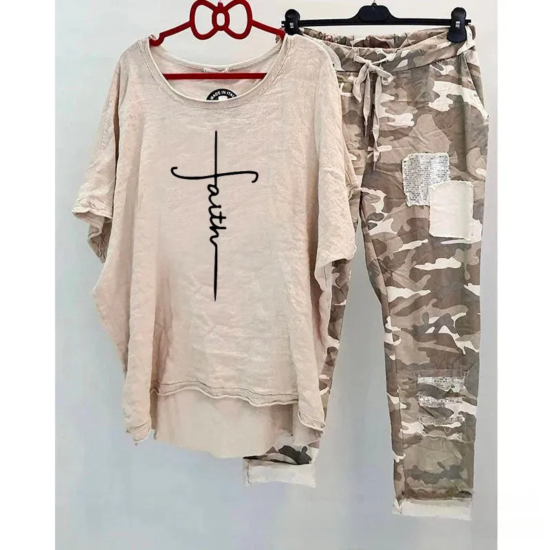 Casual Suit Women's Cotton And Linen Heat Transfer Patch Top Camouflage Printing Sweatpants - Faith-S