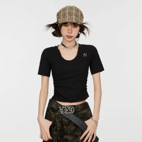 Black Shoulder Short Sleeve Girls Summer Tight Waist Design Sense Black - Shop at LoveMi