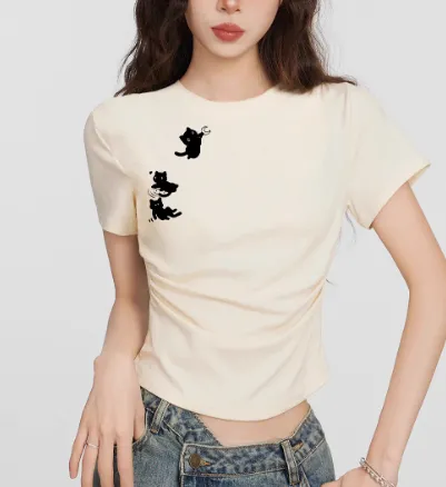 White Cat Round Neck Shoulder Short Sleeve White - Shop at LoveMi