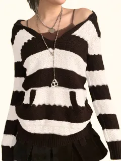 Rapcopter Prepply Kawaii Sweaters Striped Hooded Jumpers Vin - Black - View 1