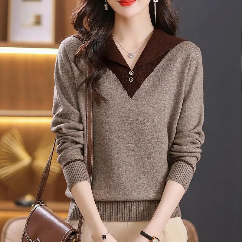 Lapel Outer Long-sleeves Knitted Pullover Sweater Women