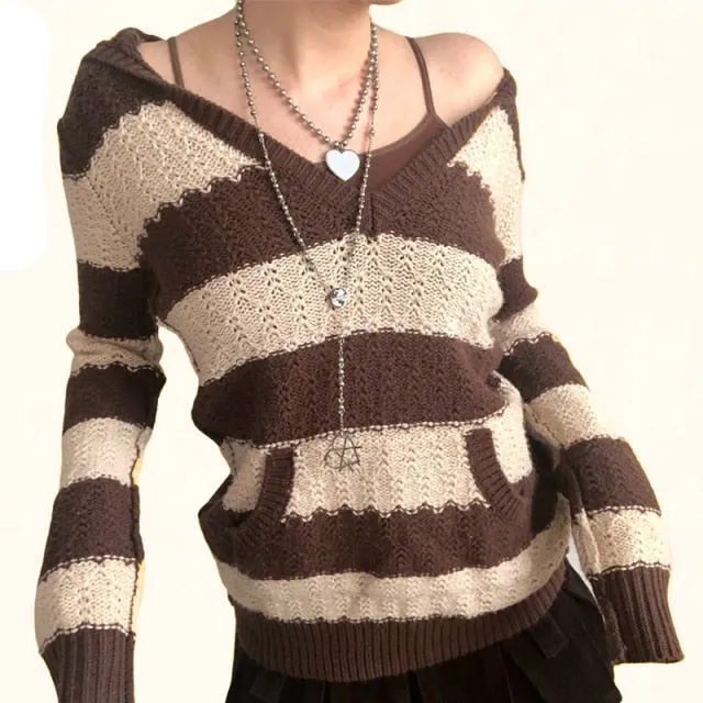 Rapcopter Prepply Kawaii Sweaters Striped Hooded Jumpers Vin Brown - Shop at LoveMi
