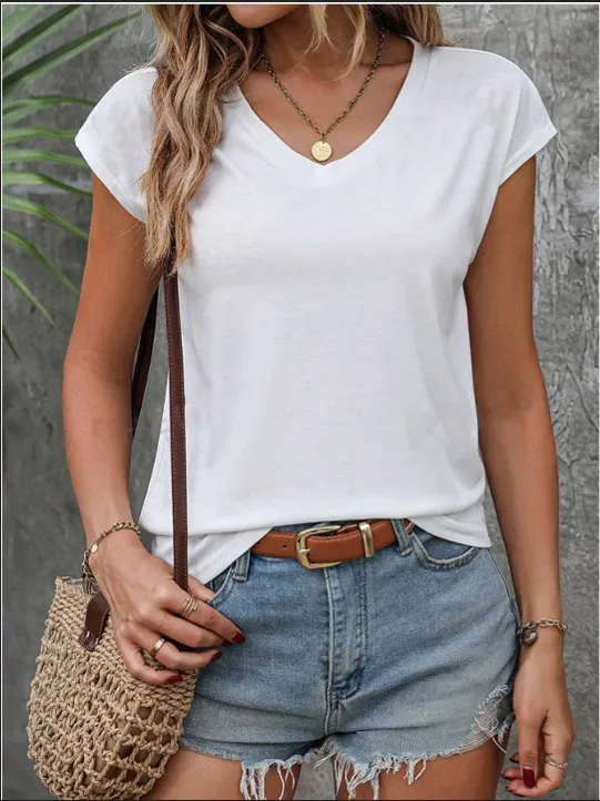 Spring And Summer Solid Color Short sleeved V neck Simplicity T shirt Top For Women White1 - Shop at LoveMi