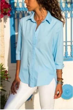 Autumn Simplicity Long Sleeve V-neck Buttons Women's Shirt - Blue - View 1