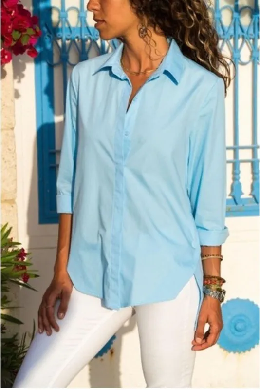 Autumn Simplicity Long Sleeve V neck Buttons Women's Shirt Blue - Shop at LoveMi