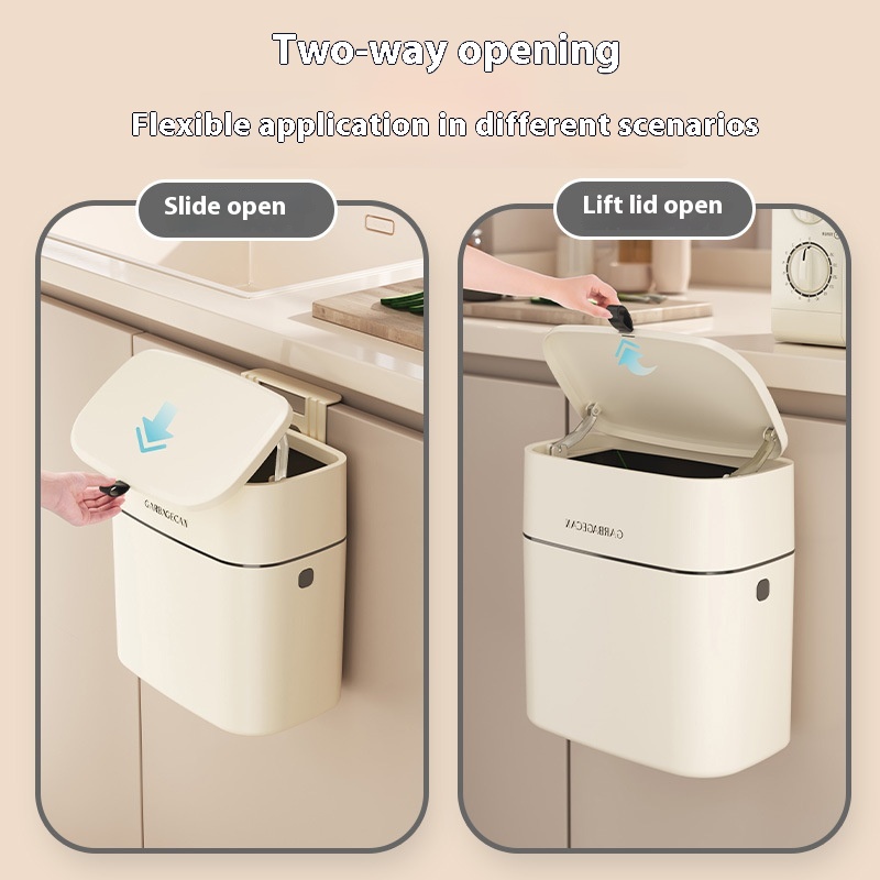Kitchen Hanging Trash Can Household Cream White No Trace Stickers Cabinet Garbage Basket With Lid Home Wall Mount Internet Celebrity Ins