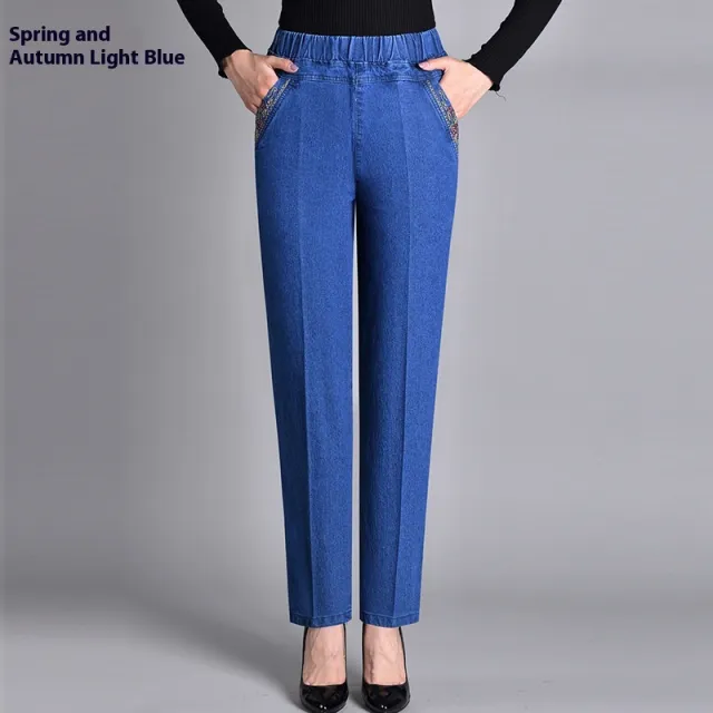 Thin Elastic High Waist Denim Straight leg Trousers Spring And Autumn Light Blue - Shop at LoveMi