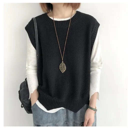 Autumn And Winter Sweater Vest Knitted Waistcoat Outer Wear Vest Coat Black - Shop at LoveMi