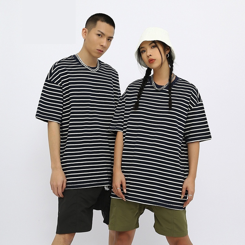Combed Cotton Contrast Color Striped Loose Short Sleeve