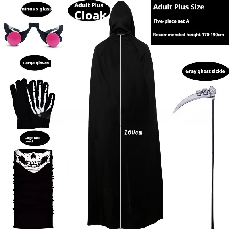 New Halloween Party Children Black Cloak Robe Suit - Adult Plus Size Five Piece Set