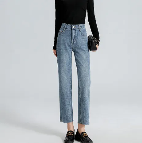 Burr Straight Ankle-length Pants Small Stretchy High Waist Slimming Commuter - Blue
