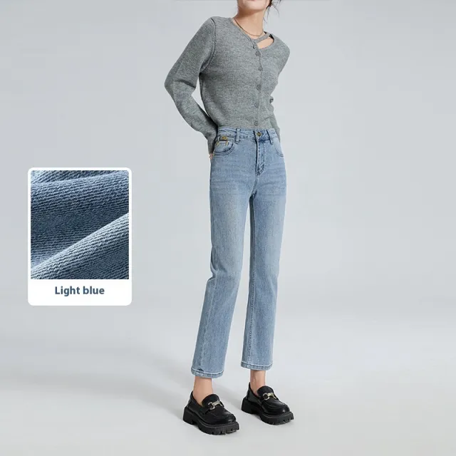 Light Blue Straight Jeans Women's Metal Decoration Light Blue - Shop at LoveMi