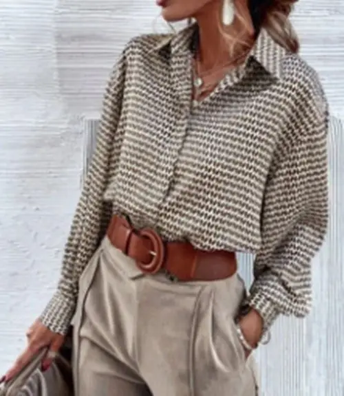 Printed Lapel Cardigan Straight Long Sleeve Shirt Women