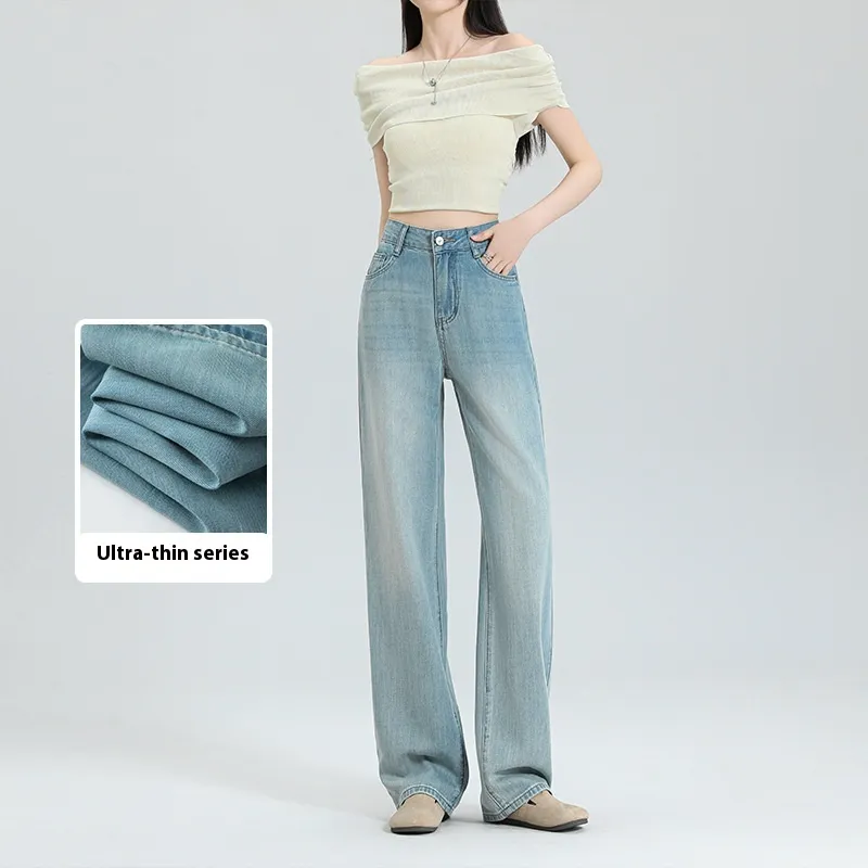 Ultra-thin Modal Tencel Lyocell Wide-leg Jeans - Light Blue