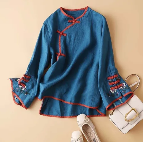 Women's Loose Top Shirt With Crossbody Buckle Blue - Shop at LoveMi
