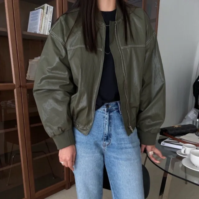 Loose Long Sleeve Leather Jacket Coat Women Green - Shop at LoveMi