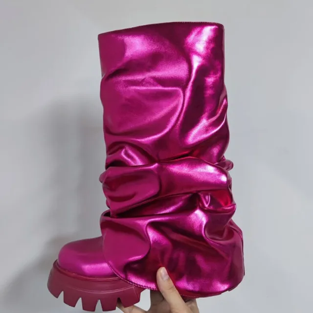 Round Head Thick Bottom Molded Bottom Pleated Women's Boots Red - Shop at LoveMi