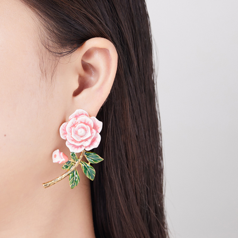 Spring Enamel Flower Stud Earrings For Women Niche Design Mori Style