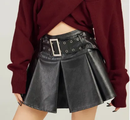 Wine Red V neck Off shoulder Short Sweater For Women Black Leather Skirt - Shop at LoveMi