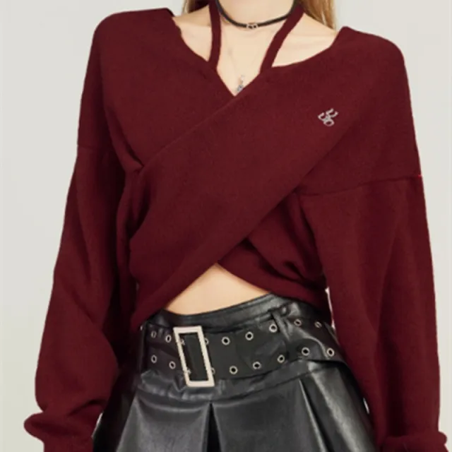 Wine Red V neck Off shoulder Short Sweater For Women Wine Red Sweater - Shop at LoveMi